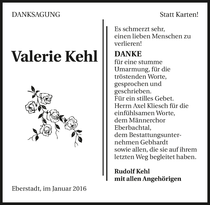  Traueranzeige für Valerie Kehl vom 30.01.2016 aus 