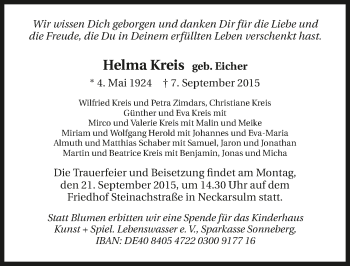 Traueranzeige von Helma Kreis 