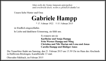 Traueranzeige von Gabriele Hampp 