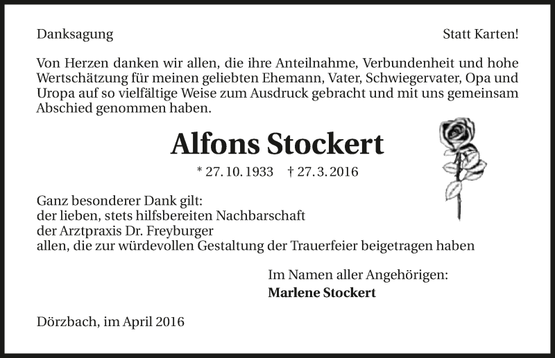  Traueranzeige für Alfons Stockert vom 22.04.2016 aus 