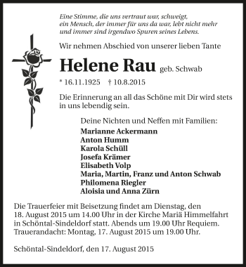 Traueranzeige von Helene Rau 