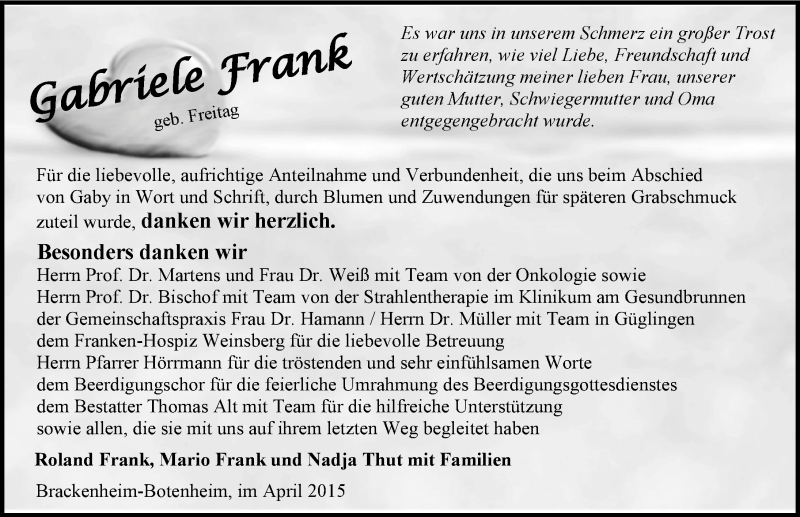  Traueranzeige für Gabriele Frank vom 13.04.2015 aus 