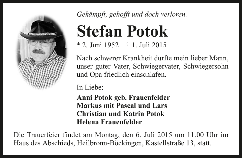  Traueranzeige für Stefan Potok vom 04.07.2015 aus 