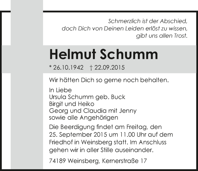  Traueranzeige für Helmut Schumm vom 23.09.2015 aus 
