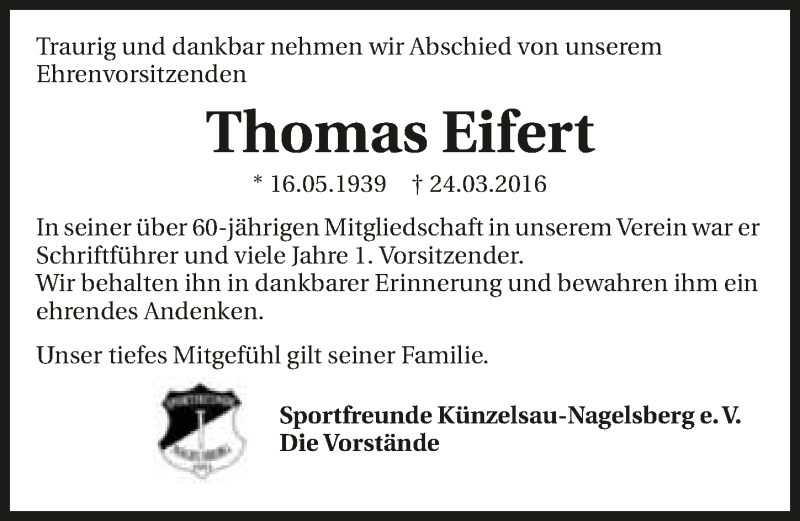  Traueranzeige für Thomas Eifert vom 31.03.2016 aus 