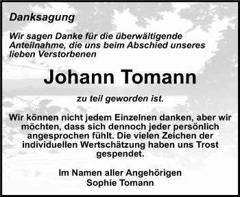 Traueranzeige von Johann Tomann 