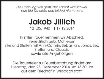 Traueranzeige von Jakob Jillich 