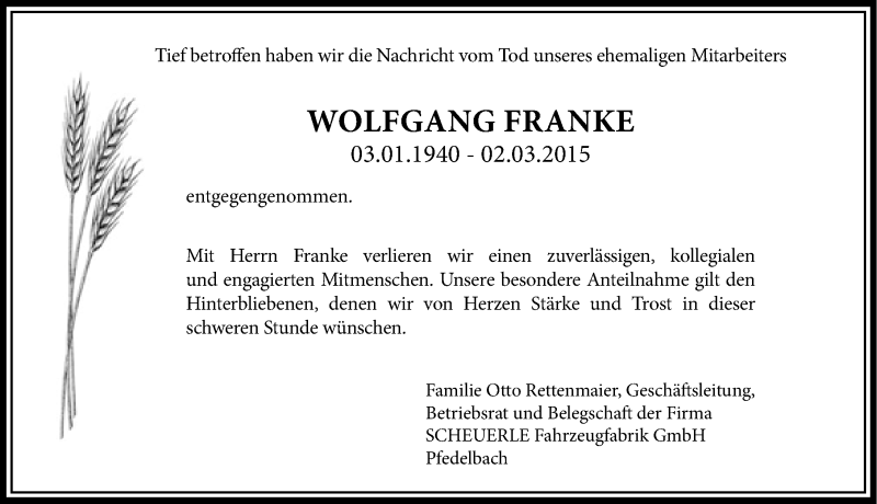  Traueranzeige für Wolfgang Franke vom 07.03.2015 aus 