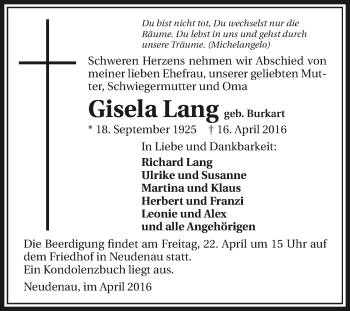 Traueranzeige von Gisela Lang 