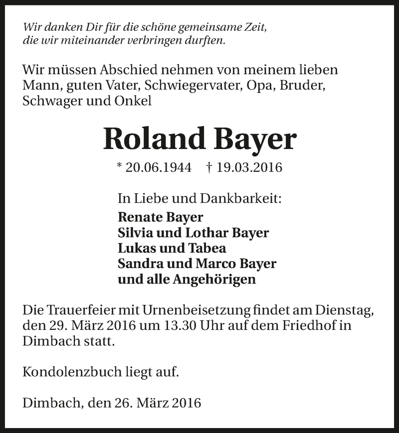  Traueranzeige für Roland Bayer vom 26.03.2016 aus 
