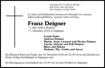 Traueranzeige von Franz Deigner 