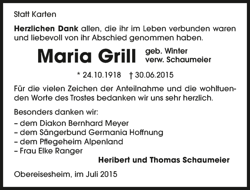  Traueranzeige für Maria Grill vom 16.07.2015 aus 