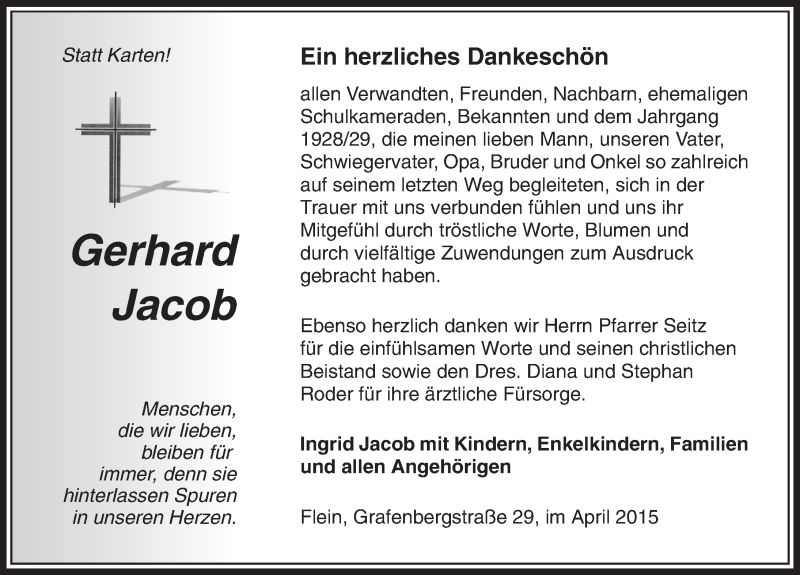  Traueranzeige für Gerhard Jacob vom 11.04.2015 aus 
