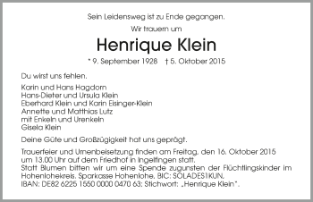 Traueranzeige von Henrique Klein 