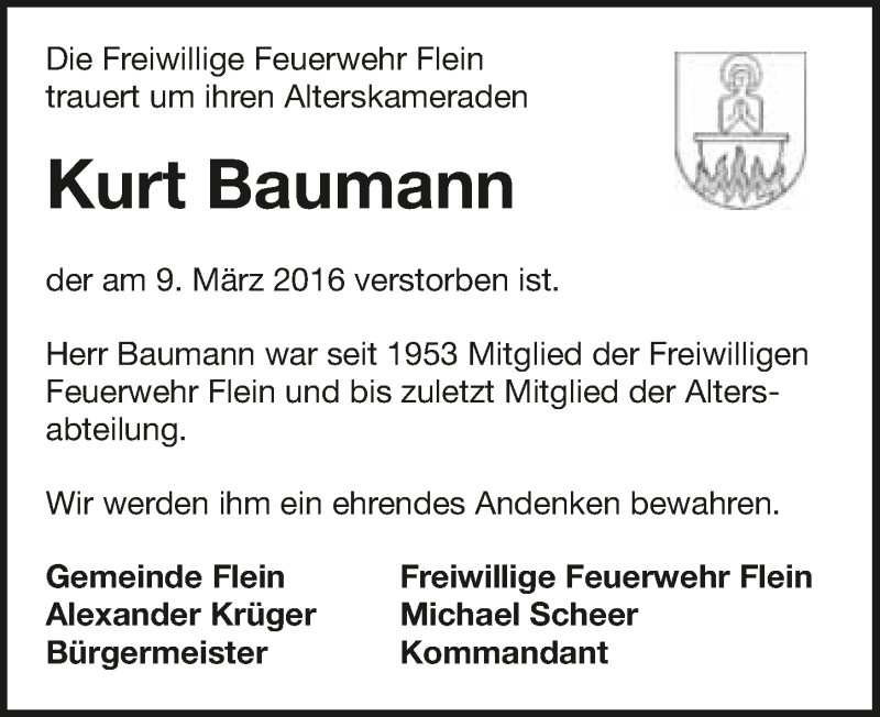  Traueranzeige für Kurt Baumann vom 12.03.2016 aus 
