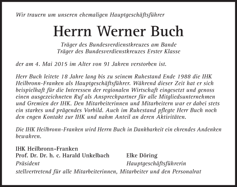  Traueranzeige für Werner Buch vom 12.05.2015 aus 