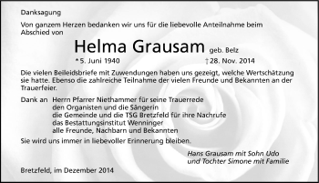 Traueranzeige von Helma Grausam 