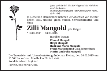 Traueranzeige von Zilli Mangold 