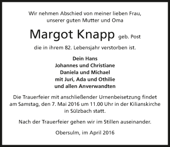 Traueranzeige von Margot Knapp 