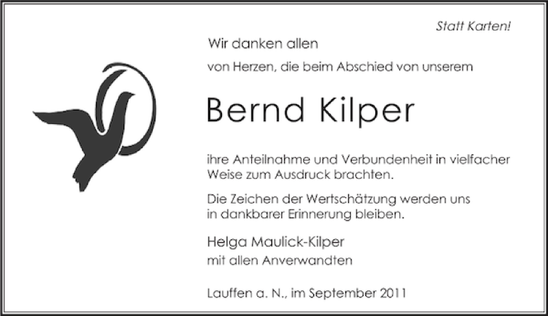  Traueranzeige für Bernd Kilper vom 10.09.2011 aus 