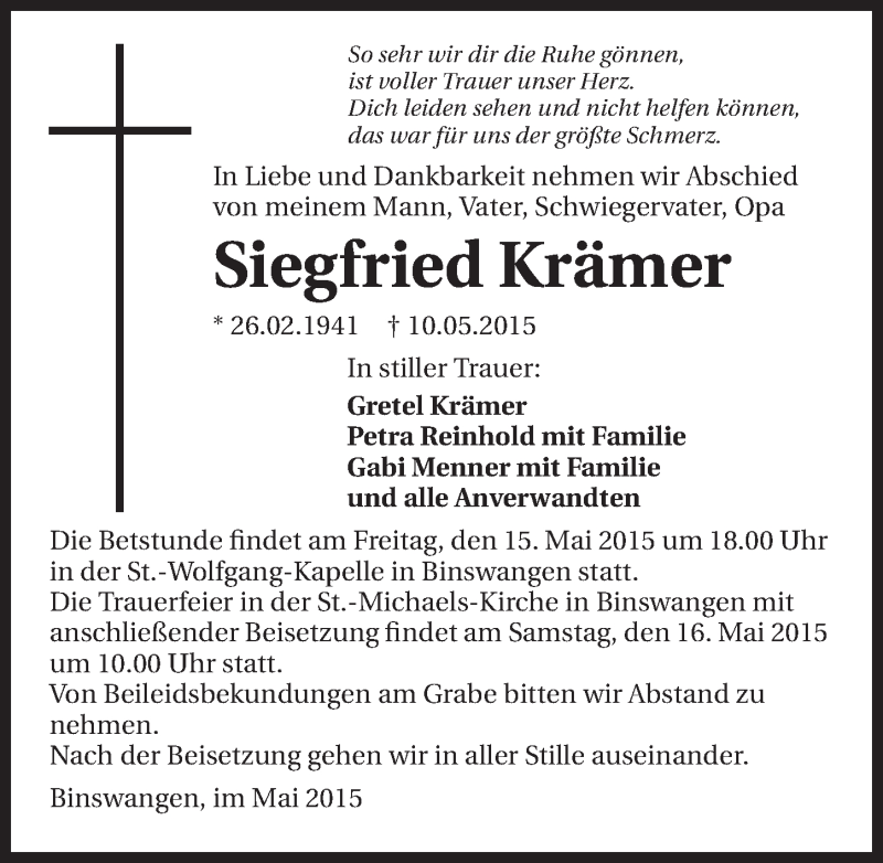  Traueranzeige für Siegfried Krämer vom 13.05.2015 aus 
