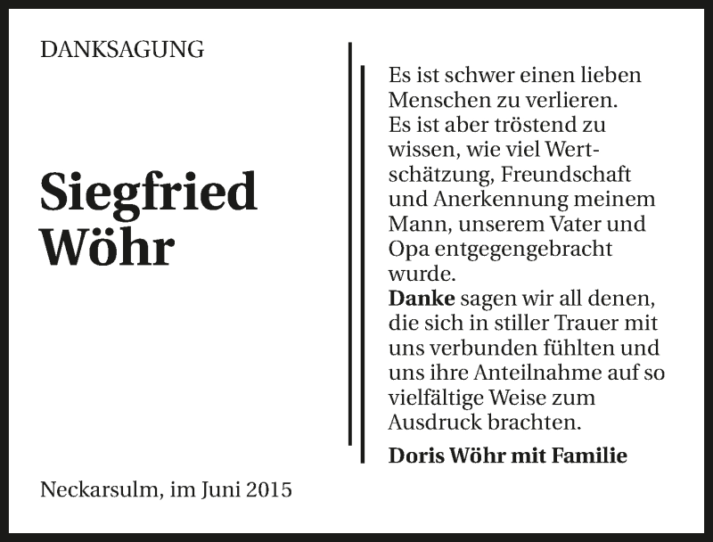  Traueranzeige für Siegfried Wöhr vom 05.06.2015 aus 