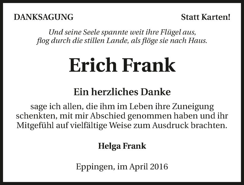  Traueranzeige für Erich Frank vom 08.04.2016 aus 