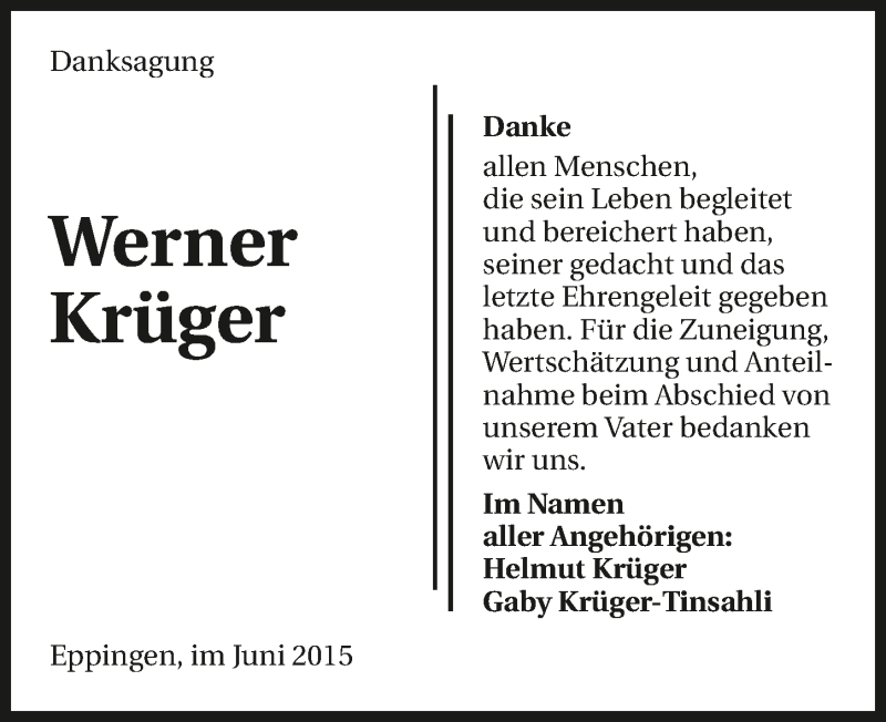  Traueranzeige für Werner Krüger vom 06.06.2015 aus 
