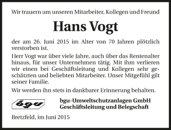 Traueranzeige von Hans Vogt 