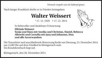 Traueranzeige von Walter Weissert 
