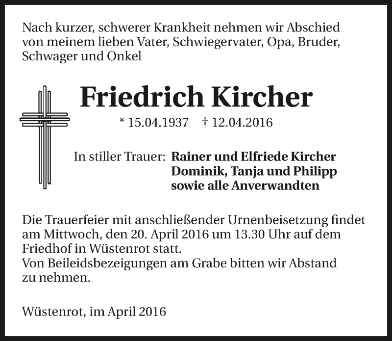  Traueranzeige für Friedrich Kircher vom 18.04.2016 aus 