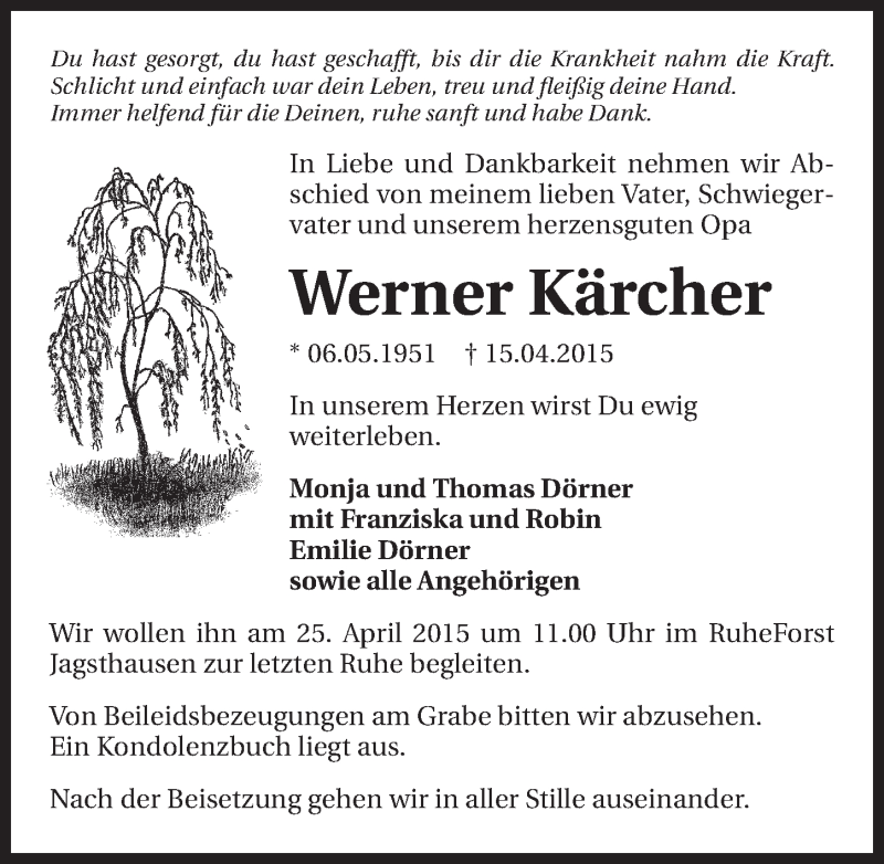  Traueranzeige für Werner Kärcher vom 22.04.2015 aus 