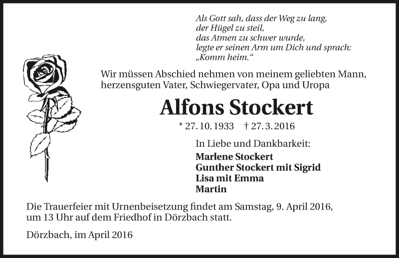 Traueranzeige für Alfons Stockert vom 07.04.2016 aus 