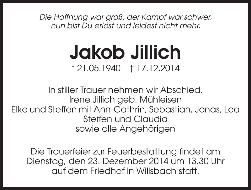  Traueranzeige für Jakob Jillich vom 19.12.2014 aus 