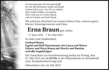 Traueranzeige von Erna Braun 