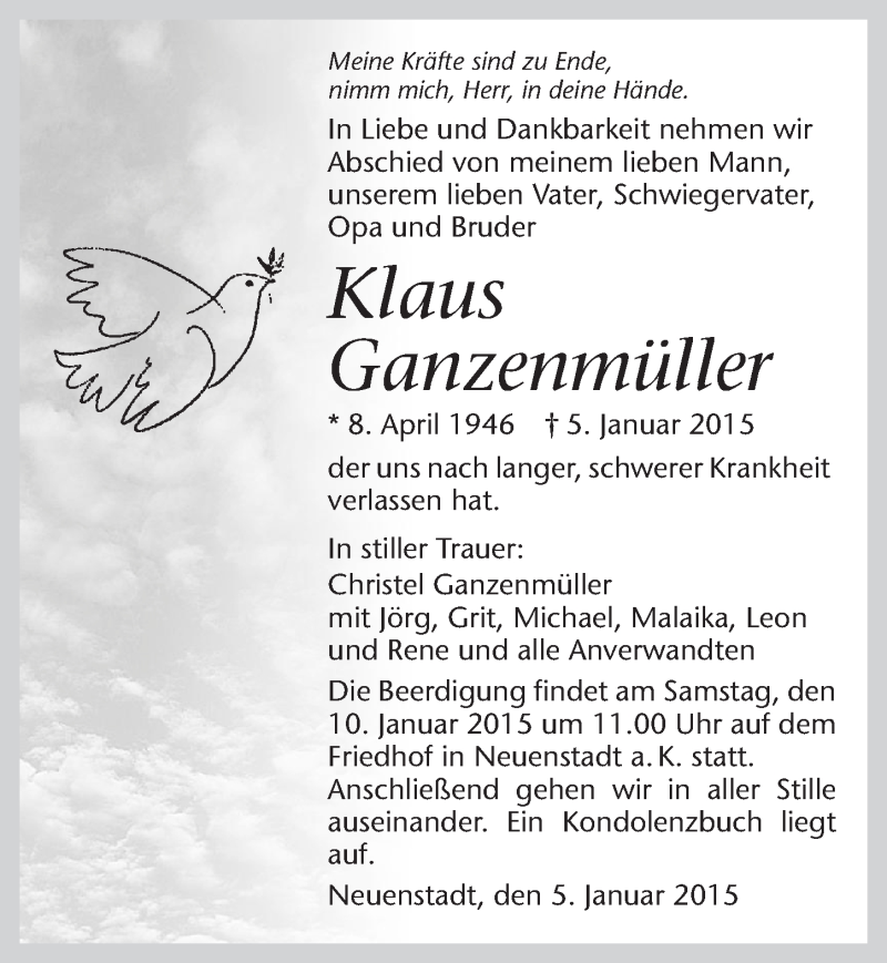  Traueranzeige für Klaus Ganzenmüller vom 08.01.2015 aus 