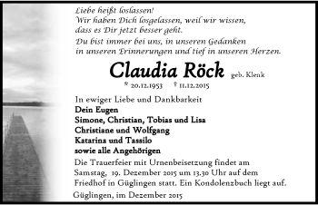 Traueranzeige von Claudia Röck 