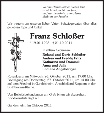 Traueranzeige von Franz Schloßer 