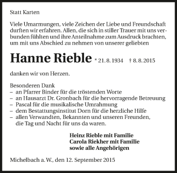 Traueranzeige von Hanne Rieble 