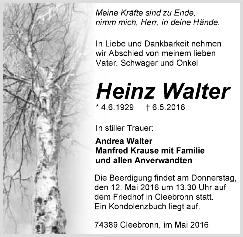  Traueranzeige für Heinz Walter vom 07.05.2016 aus 