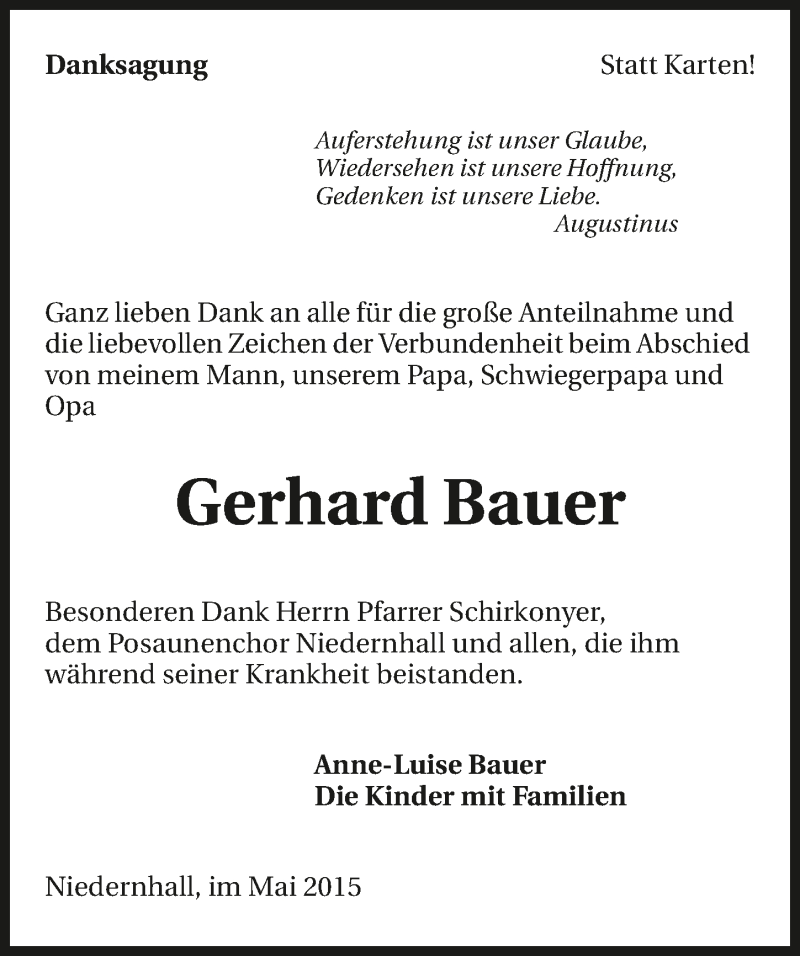  Traueranzeige für Gerhard Bauer vom 30.05.2015 aus 