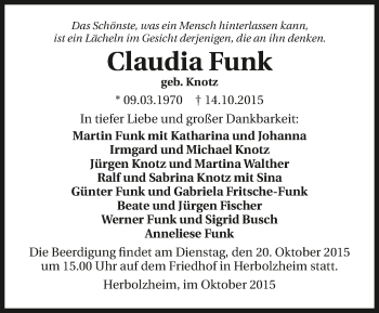 Traueranzeige von Claudia Funk 