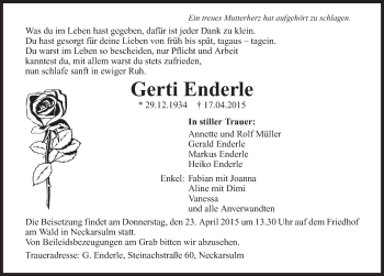 Traueranzeige von Gerti Enderle 
