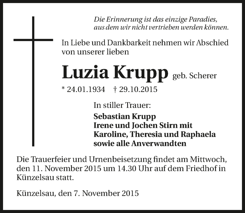  Traueranzeige für Luzia Krupp vom 07.11.2015 aus 