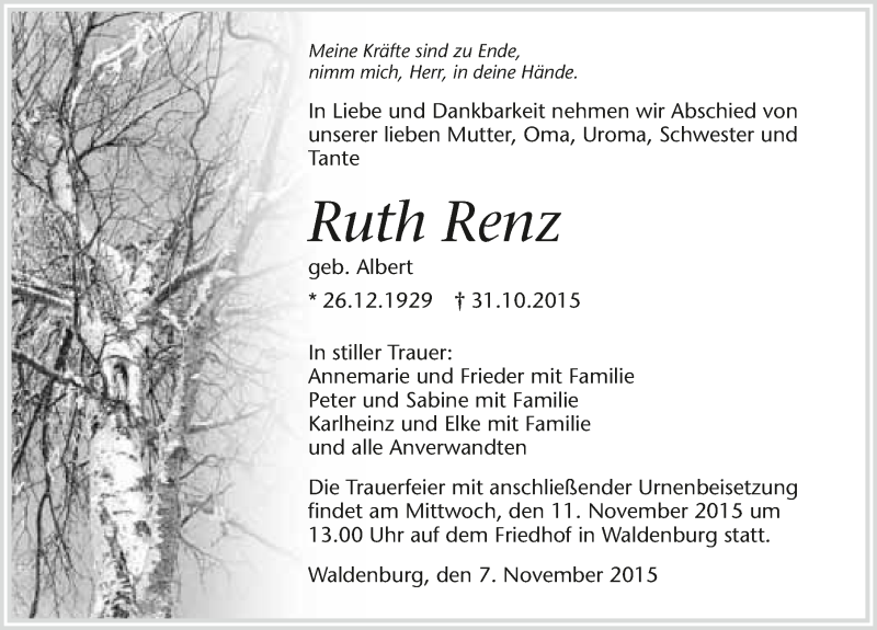  Traueranzeige für Ruth Renz vom 07.11.2015 aus 