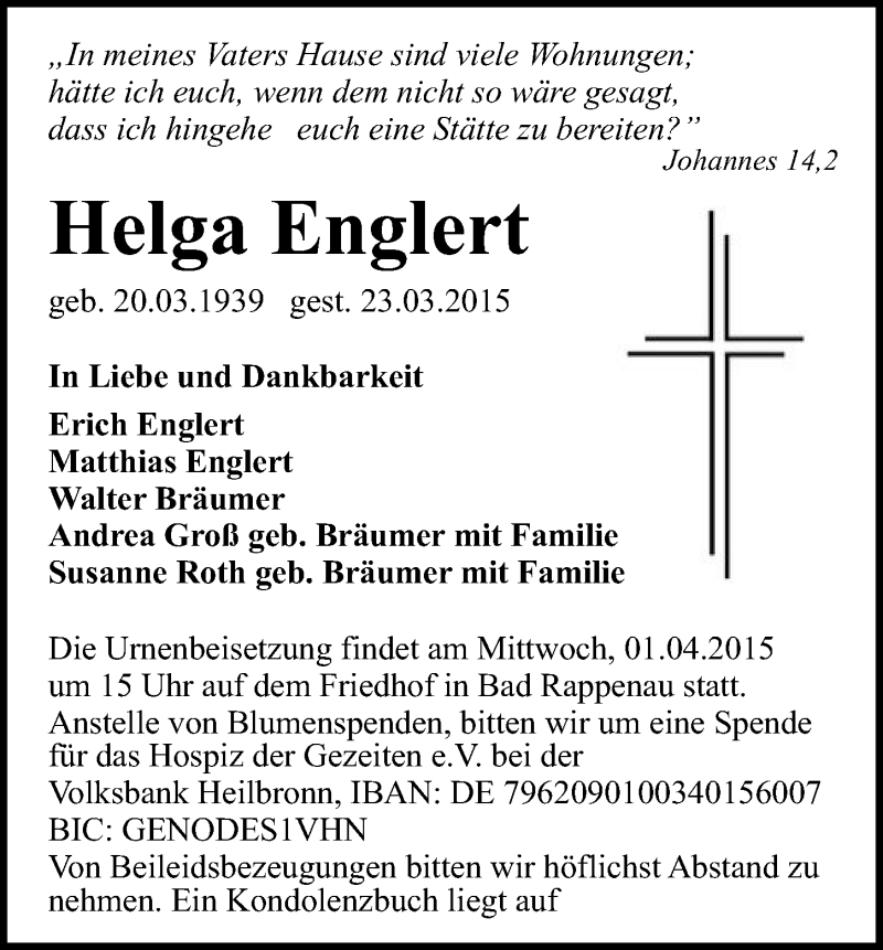  Traueranzeige für Helga Englert vom 28.03.2015 aus 