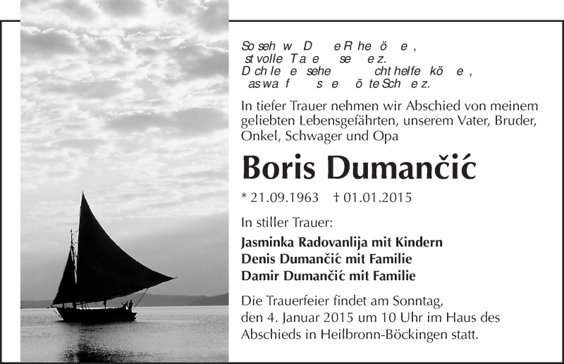  Traueranzeige für Boris Dumancic vom 03.01.2015 aus 