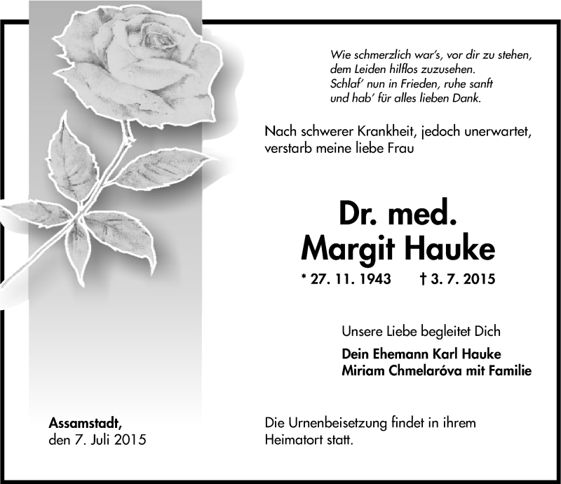  Traueranzeige für Margit Hauke vom 07.07.2015 aus 