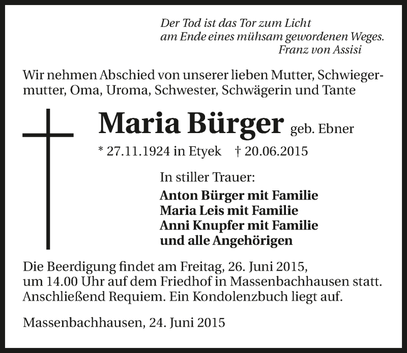  Traueranzeige für Maria Bürger vom 24.06.2015 aus 