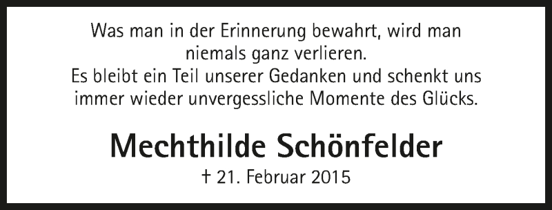  Traueranzeige für Mechthilde Schönfelder vom 22.02.2016 aus 